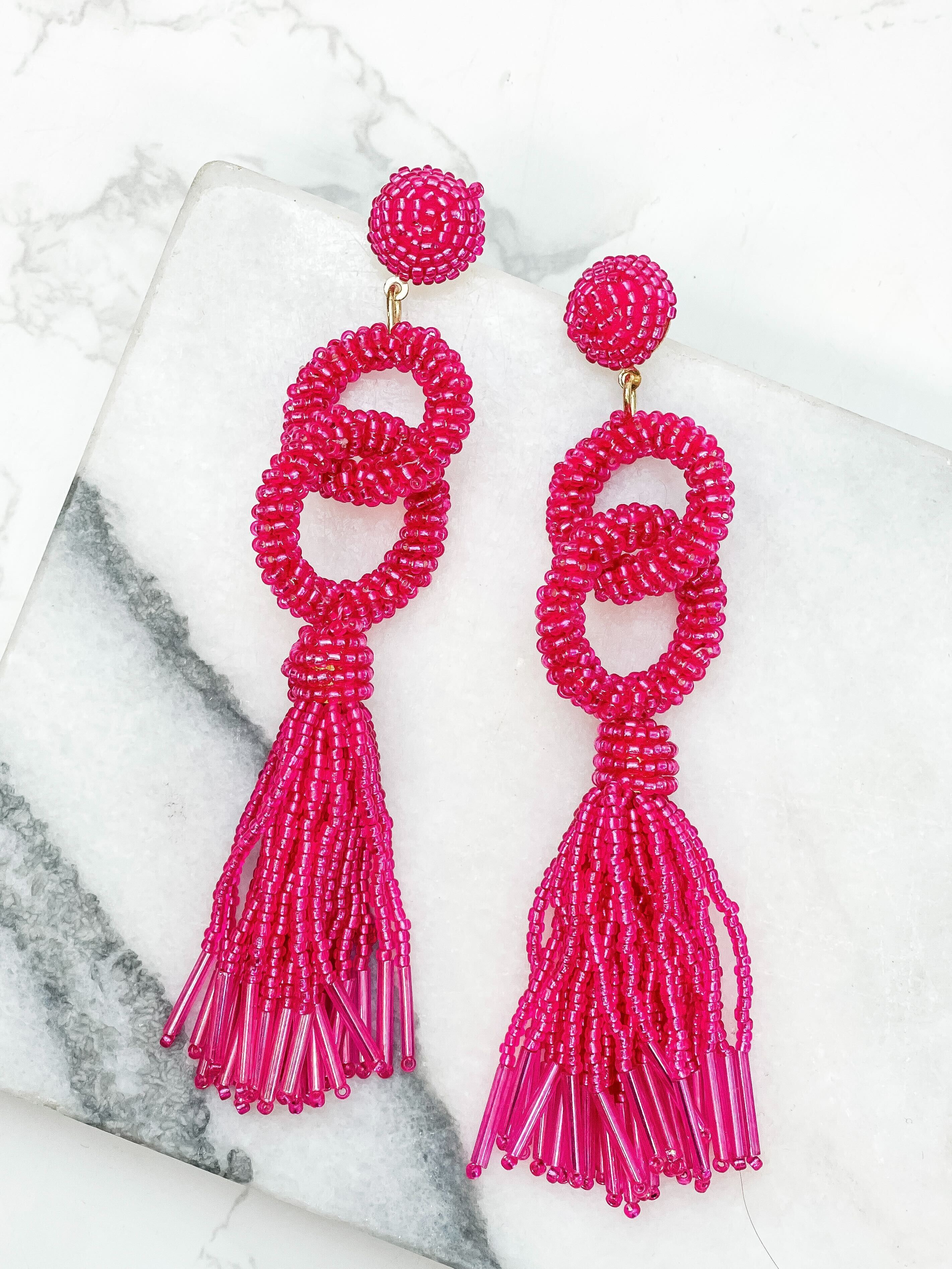 Seed Bead Linked Tassel Earrings - Hot Pink
