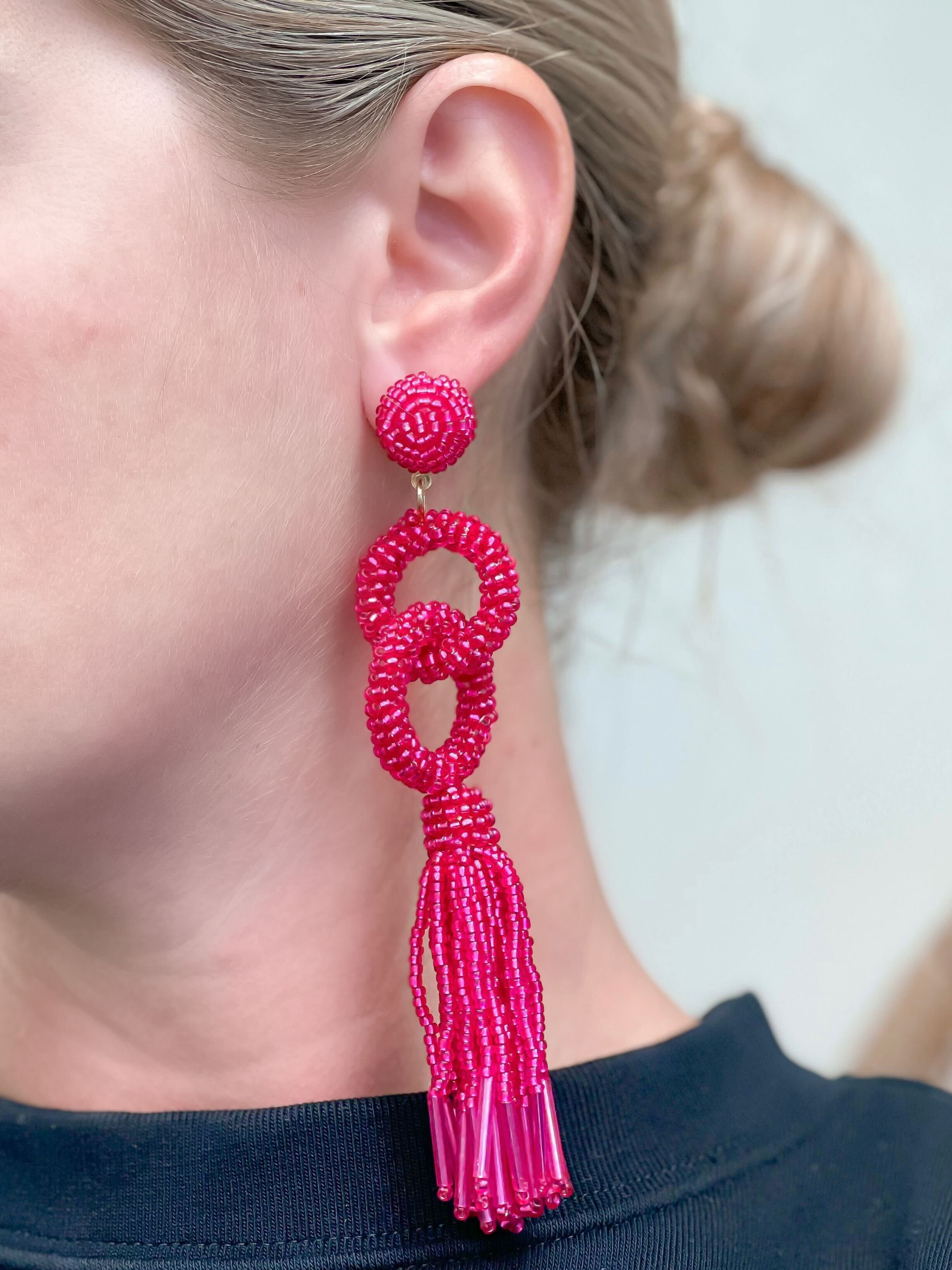 Seed Bead Linked Tassel Earrings - Hot Pink