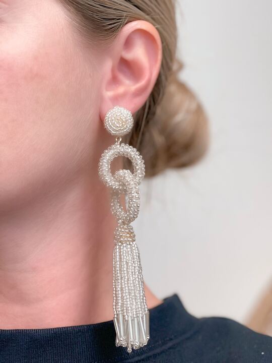 Seed Bead Linked Tassel Earrings - Silver