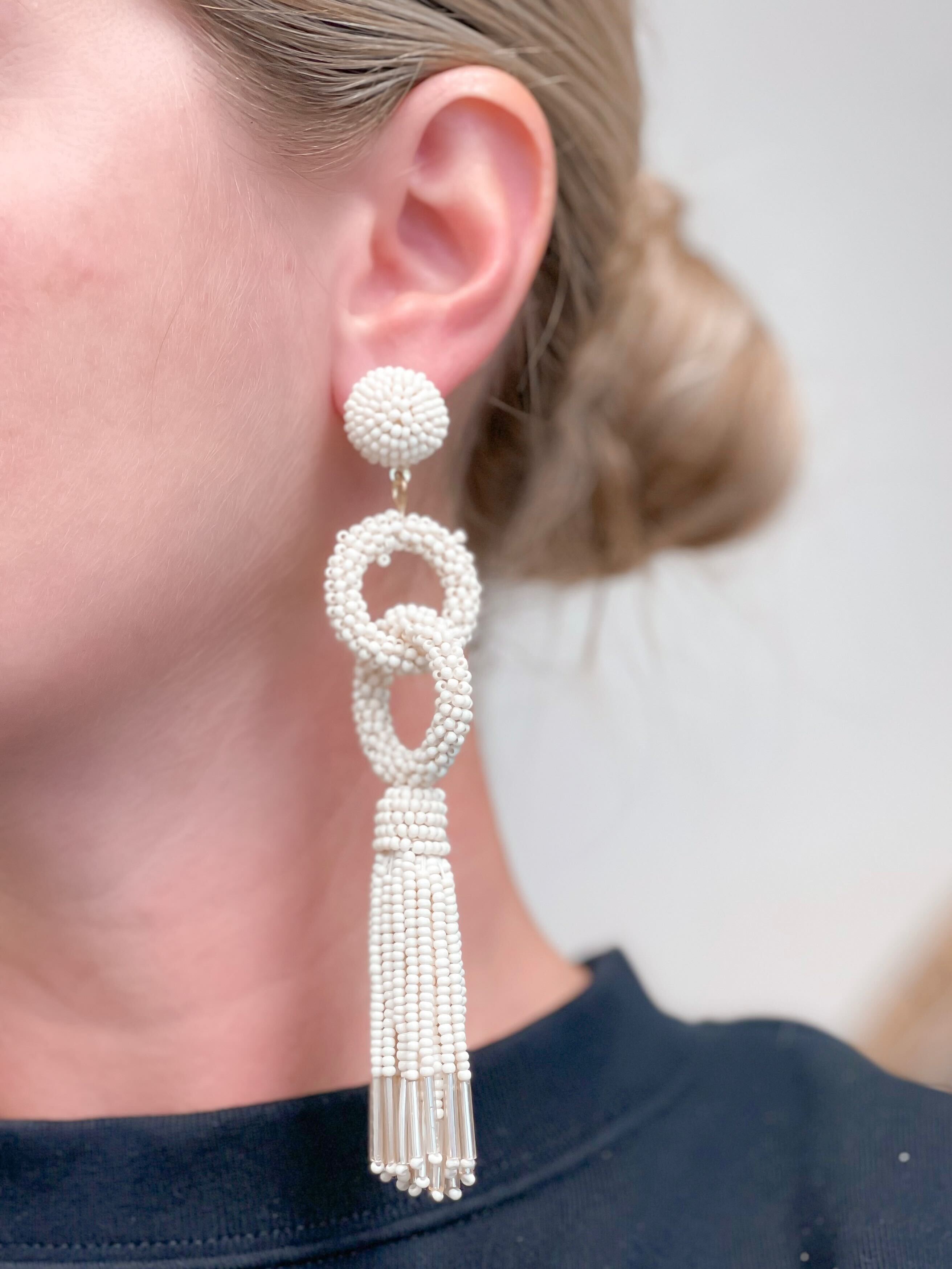 Seed Bead Linked Tassel Earrings - White