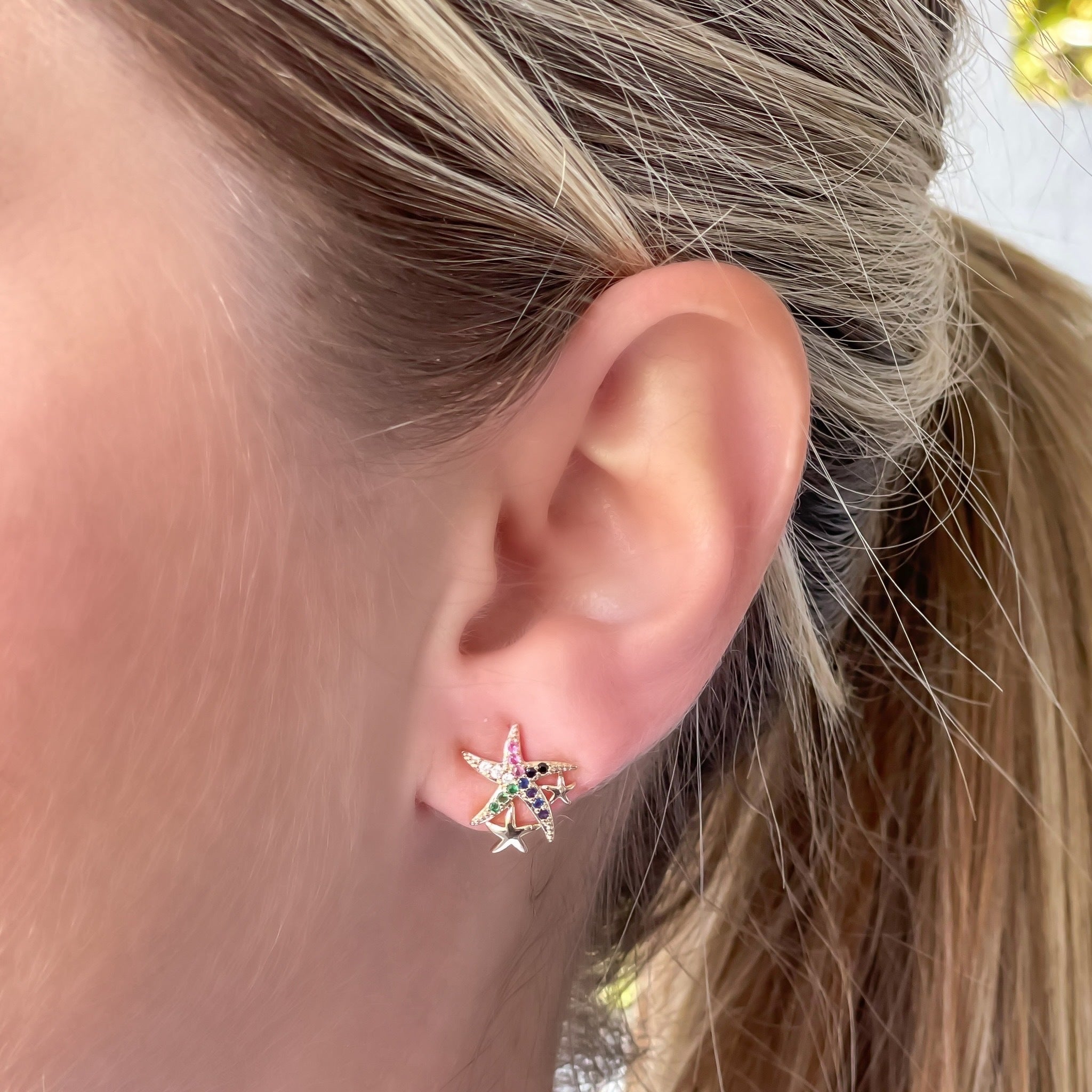 Cubic Zirconia Starfish Stud Earrings - Gold